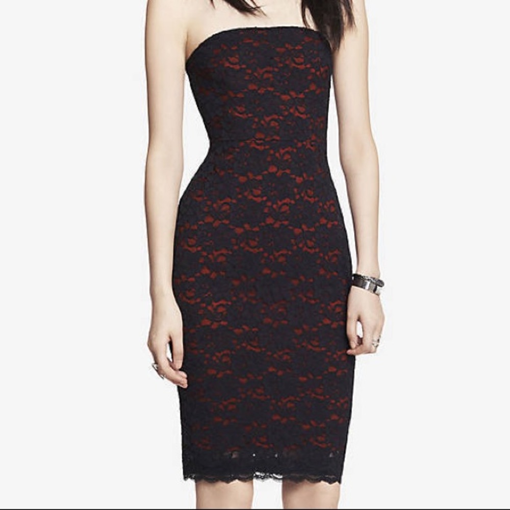 NWT Express Red & Black Lace Strapless Dress